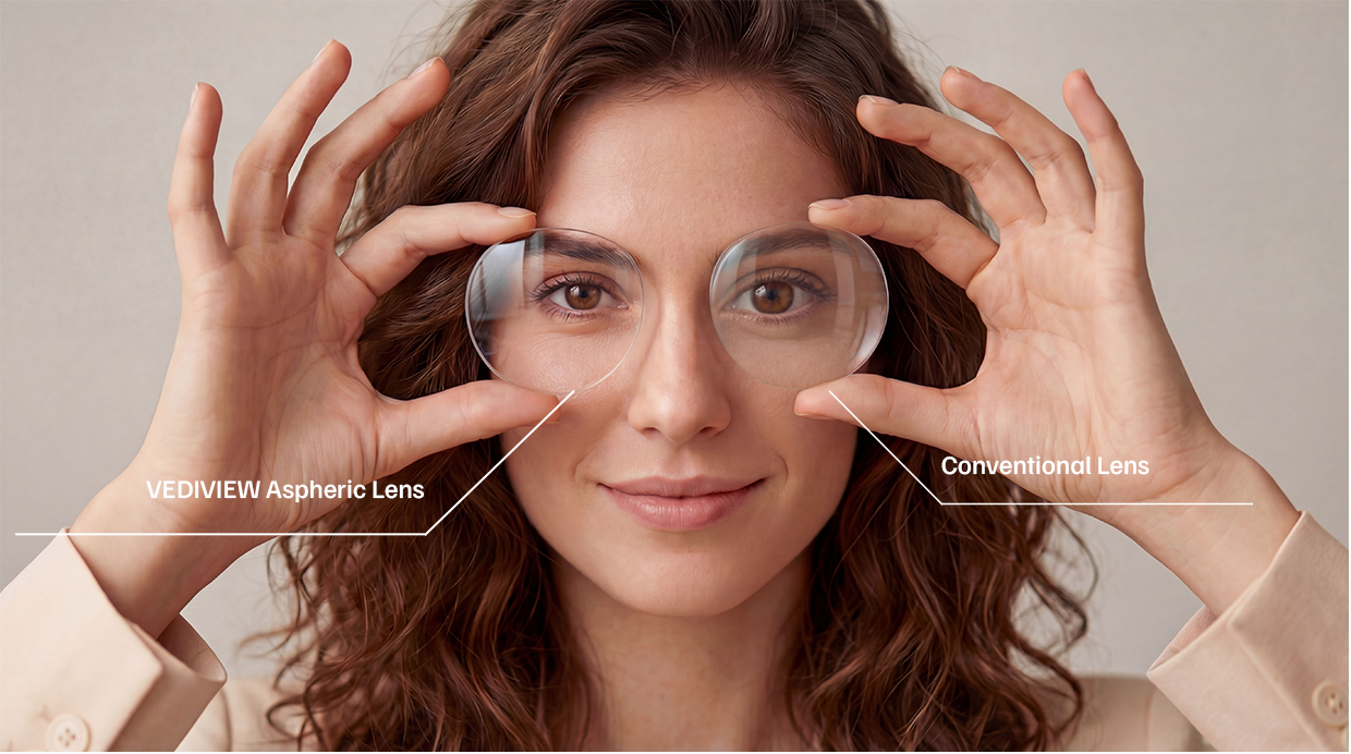 A female model comparing our aspheric lens with a conventional lens to show a more natural look