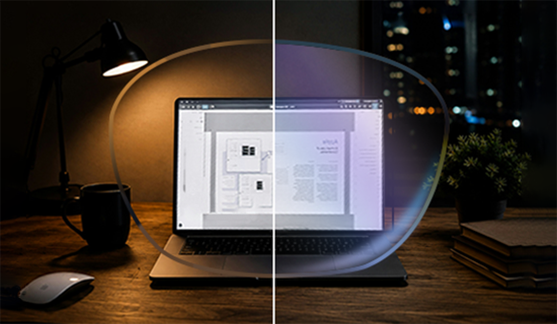 A comparison of a laptop screen with and without blue light filtering lenses