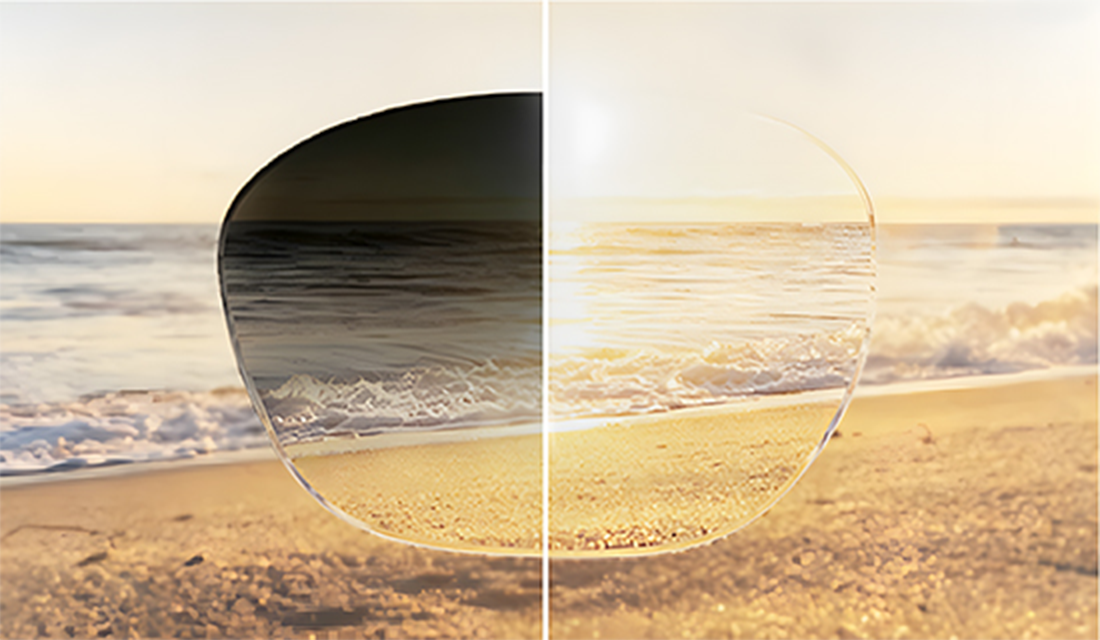 A demonstration of our gradient tint lenses, darker at the top and fading to lighter at the bottom over a beach scene