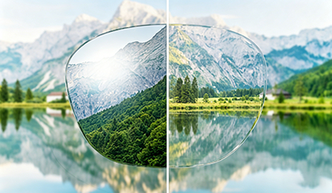 A comparison of a mountain landscape with and without our mirrored lenses