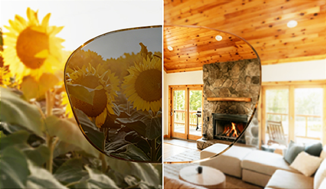 A demonstration of our photochromic lenses darkening in sunlight and clearing indoors