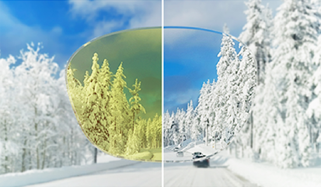 A demonstration of our solid color tint lenses adding a subtle green tint to a snowy forest