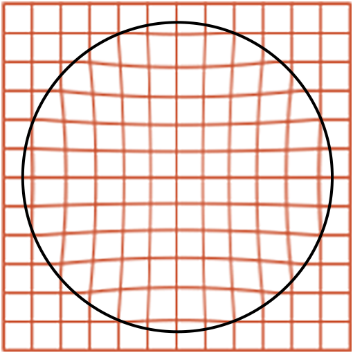 A grid pattern seen through a conventional lens, showing distortion and blur around the edges