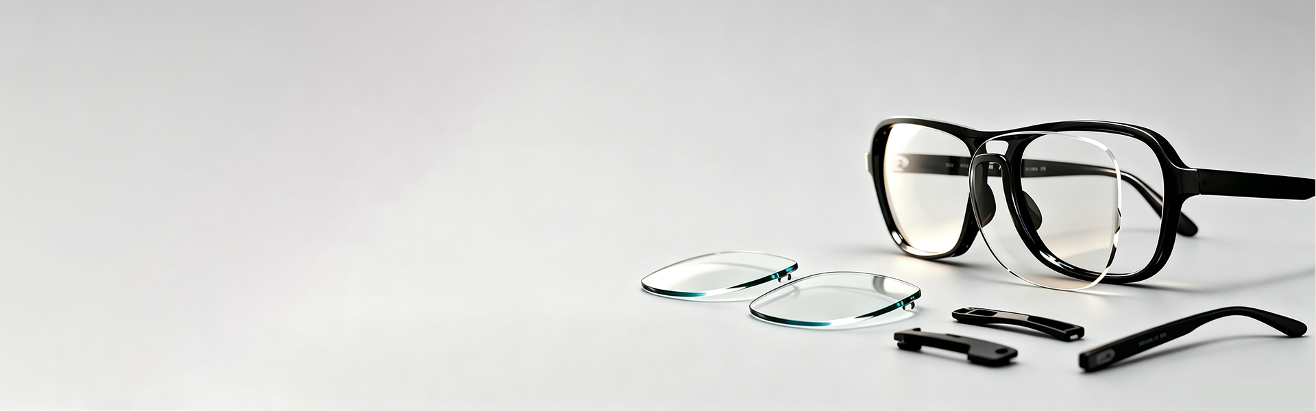 Flat lay of a disassembled black glasses frame with separate clear lenses and temples