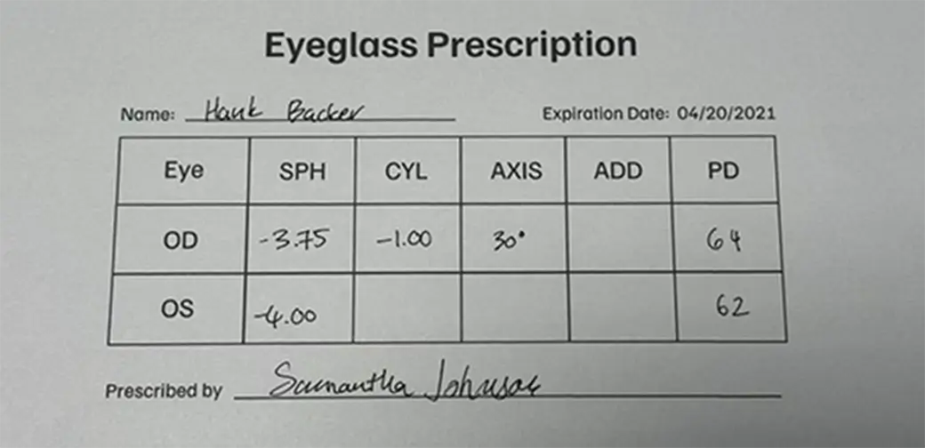 Example eyeglass prescription
