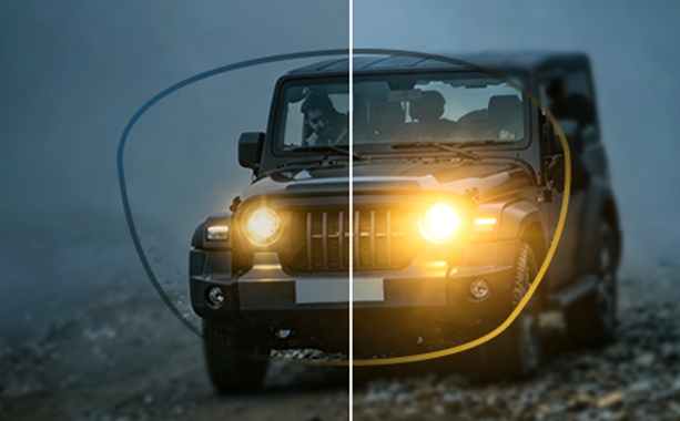 A side-by-side comparison of car headlights with and without anti-reflective coating, showing reduced glare for a clearer view