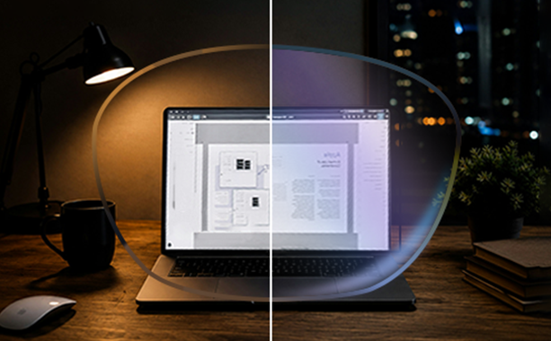 A comparison of a laptop screen with and without blue light filtering lenses