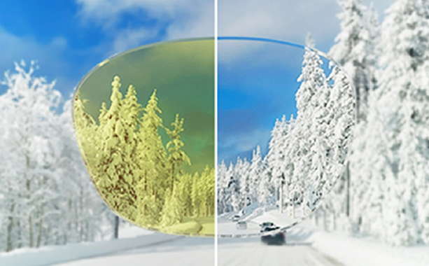 A demonstration of our color tint lenses adding a green tint to a snowy forest
