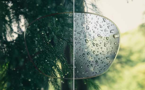 A side-by-side comparison showing a lens repelling water droplets and fingerprints, resulting in a clearer view