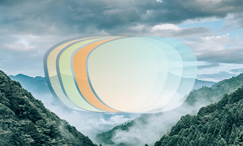 An illustration of five lenses with decreasing thickness overlapping each other against a mountain landscape