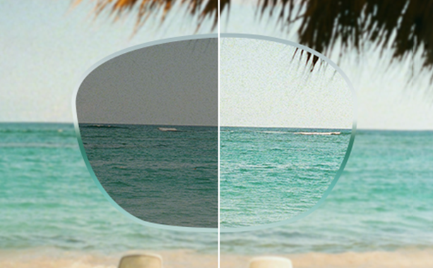 A side-by-side comparison of a beach scene with and without UV protection lenses, showing a brighter and clearer view