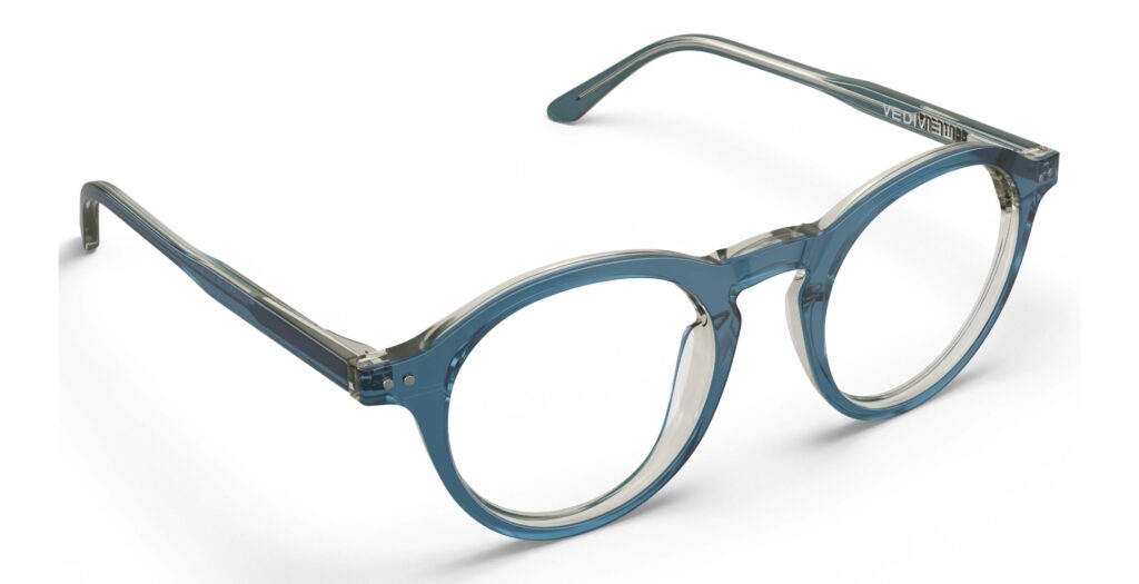 Angled view of Breuer blue round eyeglasses from Vediview