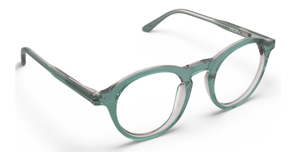 Angled view of Breuer blue-green round eyeglasses from Vediview