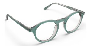 Angled view of Breuer blue-green round eyeglasses from Vediview