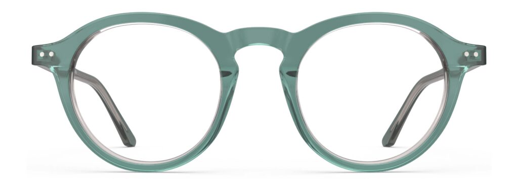 Front view of Breuer blue-green round eyeglasses from Vediview