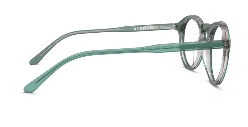 Side view of Breuer blue-green round eyeglasses from Vediview