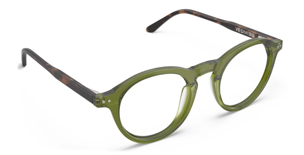 Angled view of Breuer green round eyeglasses from Vediview