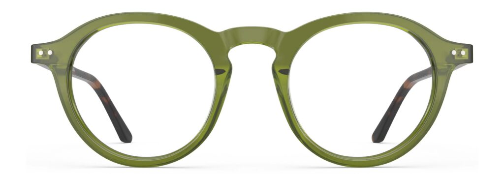 Front view of Breuer green round eyeglasses from Vediview