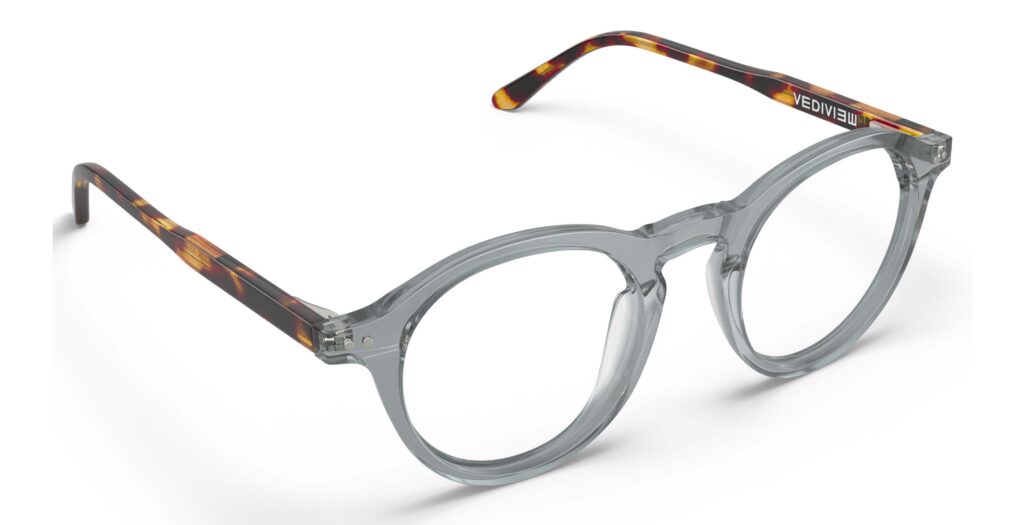 Angled view of Breuer grey round eyeglasses from Vediview