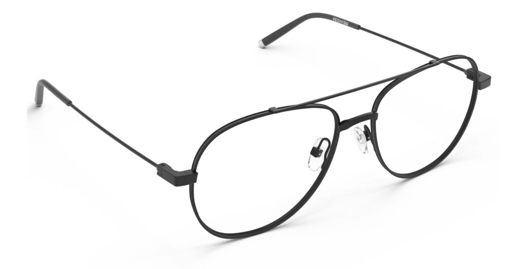 Angled view of Dali black aviator eyeglasses from Vediview