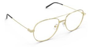 Angled view of Dali gold aviator eyeglasses from Vediview
