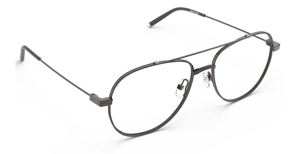 Angled view of Dali gun aviator eyeglasses from Vediview
