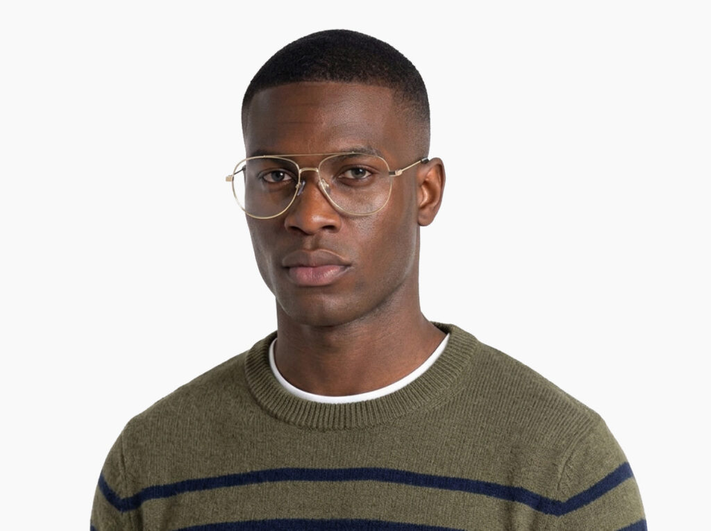 Man model wearing Dali gold metal eyeglasses from Vediview