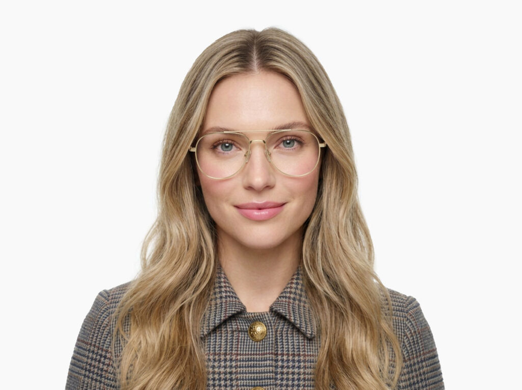 Man model wearing Dali gold metal eyeglasses from Vediview