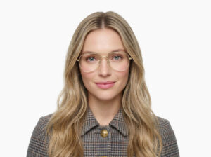 Man model wearing Dali gold metal eyeglasses from Vediview