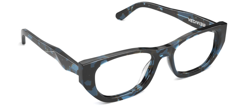 Angled view of Lillian blue-tortoise rectangle eyeglasses from Vediview