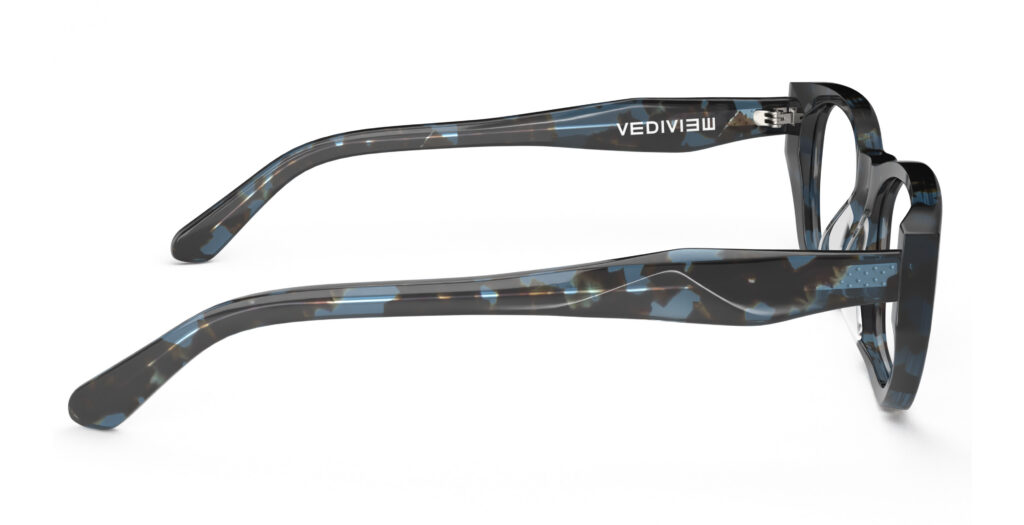 Side view of Lillian blue-tortoise rectangle eyeglasses from Vediview