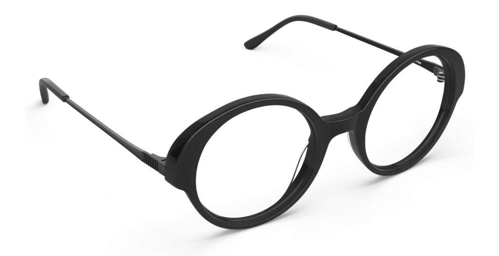 Angled view of Miyake black round eyeglasses from Vediview