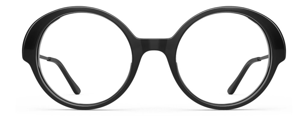 Front view of Miyake black round eyeglasses from Vediview