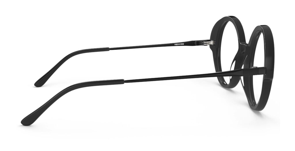 Side view of Miyake black round eyeglasses from Vediview