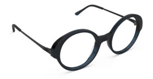 Angled view of Miyake dark blue round eyeglasses from Vediview