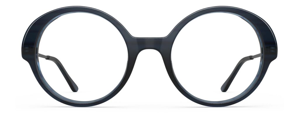 Front view of Miyake dark blue round eyeglasses from Vediview