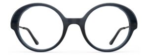 Front view of Miyake dark blue round eyeglasses from Vediview