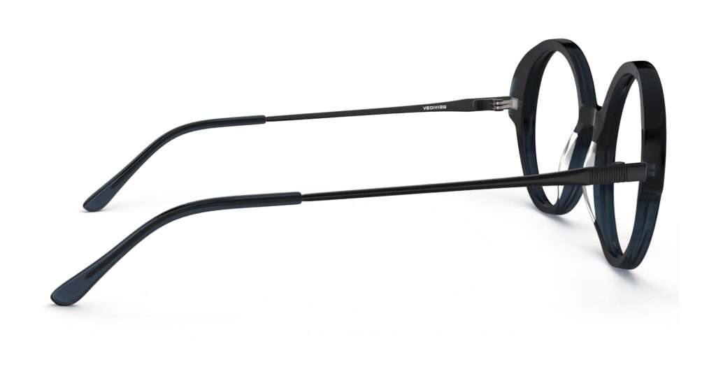 Side view of Miyake dark blue round eyeglasses from Vediview