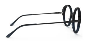 Side view of Miyake dark blue round eyeglasses from Vediview