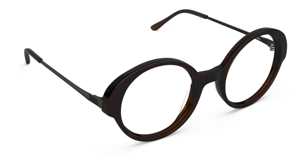 Angled view of Miyake tortoise round eyeglasses from Vediview
