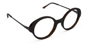 Angled view of Miyake tortoise round eyeglasses from Vediview