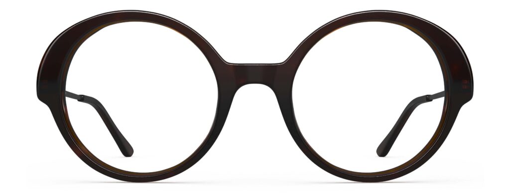 Front view of Miyake tortoise round eyeglasses from Vediview