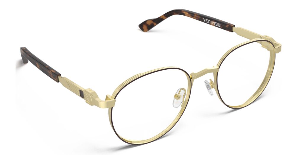 Angled view of Morse gold round eyeglasses from Vediview