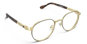 Angled view of Morse gold round eyeglasses from Vediview