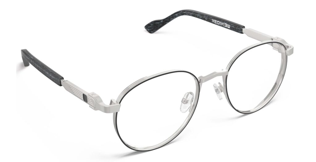 Angled view of Morse silve round eyeglasses from Vediview