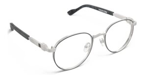 Angled view of Morse silve round eyeglasses from Vediview
