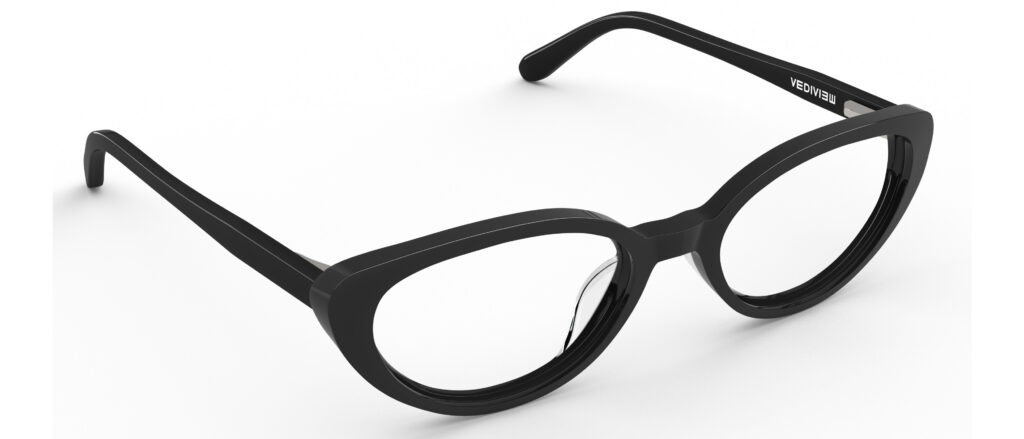 Angled view of Murasaki black cat-eye eyeglasses from Vediview