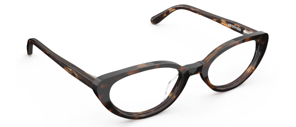 Angled view of Murasaki tortoise cat-eye eyeglasses from Vediview