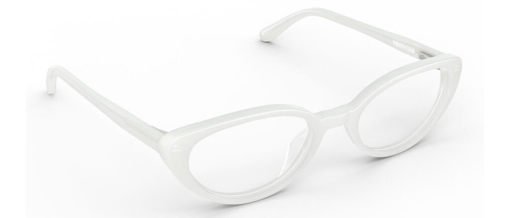 Angled view of Murasaki white cat-eye eyeglasses from Vediview