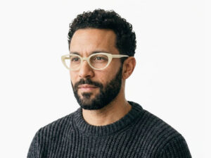 Man model wearing Murasaki cream acetate eyeglasses from Vediview